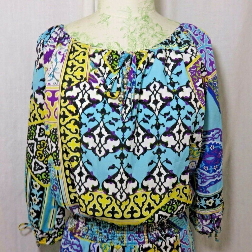 CACHE Aqua Purple Dress Split Arm S Boho Tu